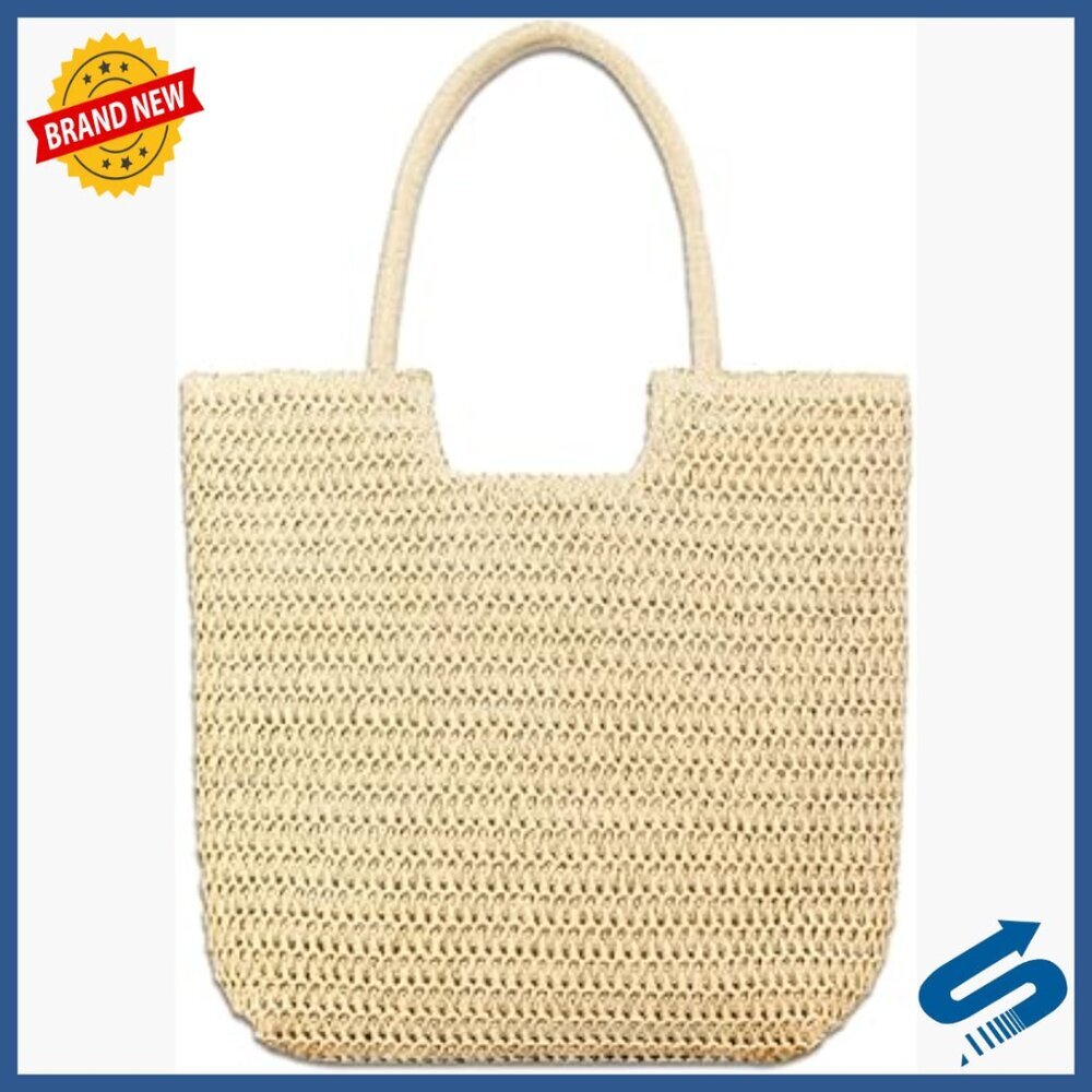 Large Straw Tote Bag with Zipper, Foldable Beach Handbag for Women